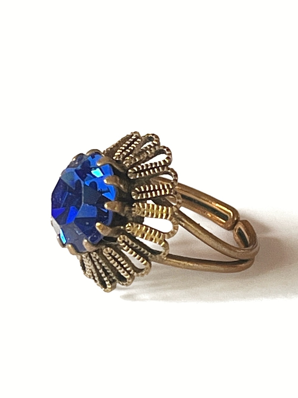 Vintage West Germany Blue Faceted Glass Brass Adjustable Prong Set Ring Size 6-8